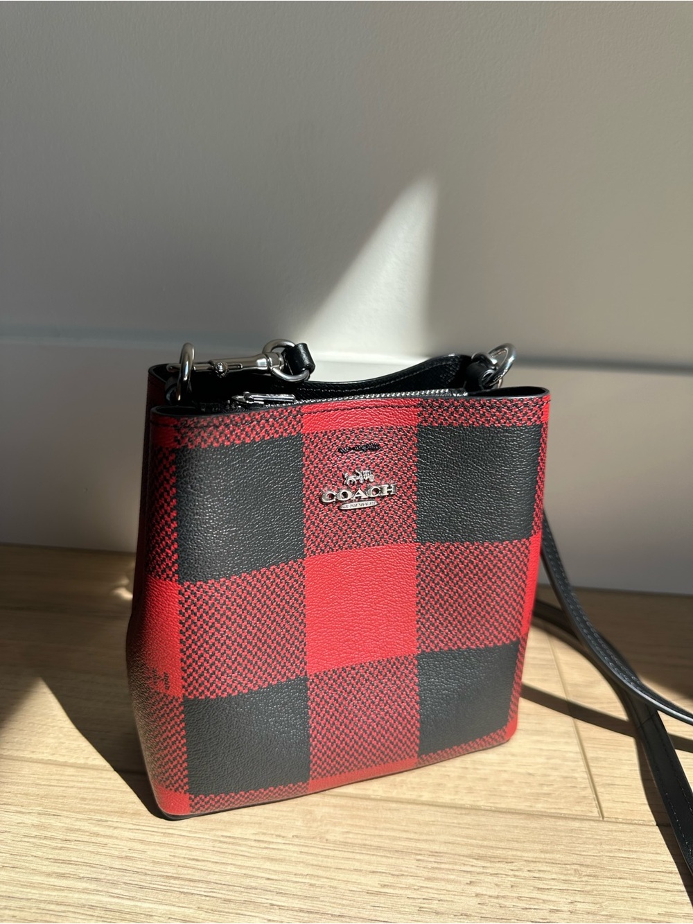 Coach Mini Town Bucket Bag Buffalo Plaid Red Black C7267 Crossbody
